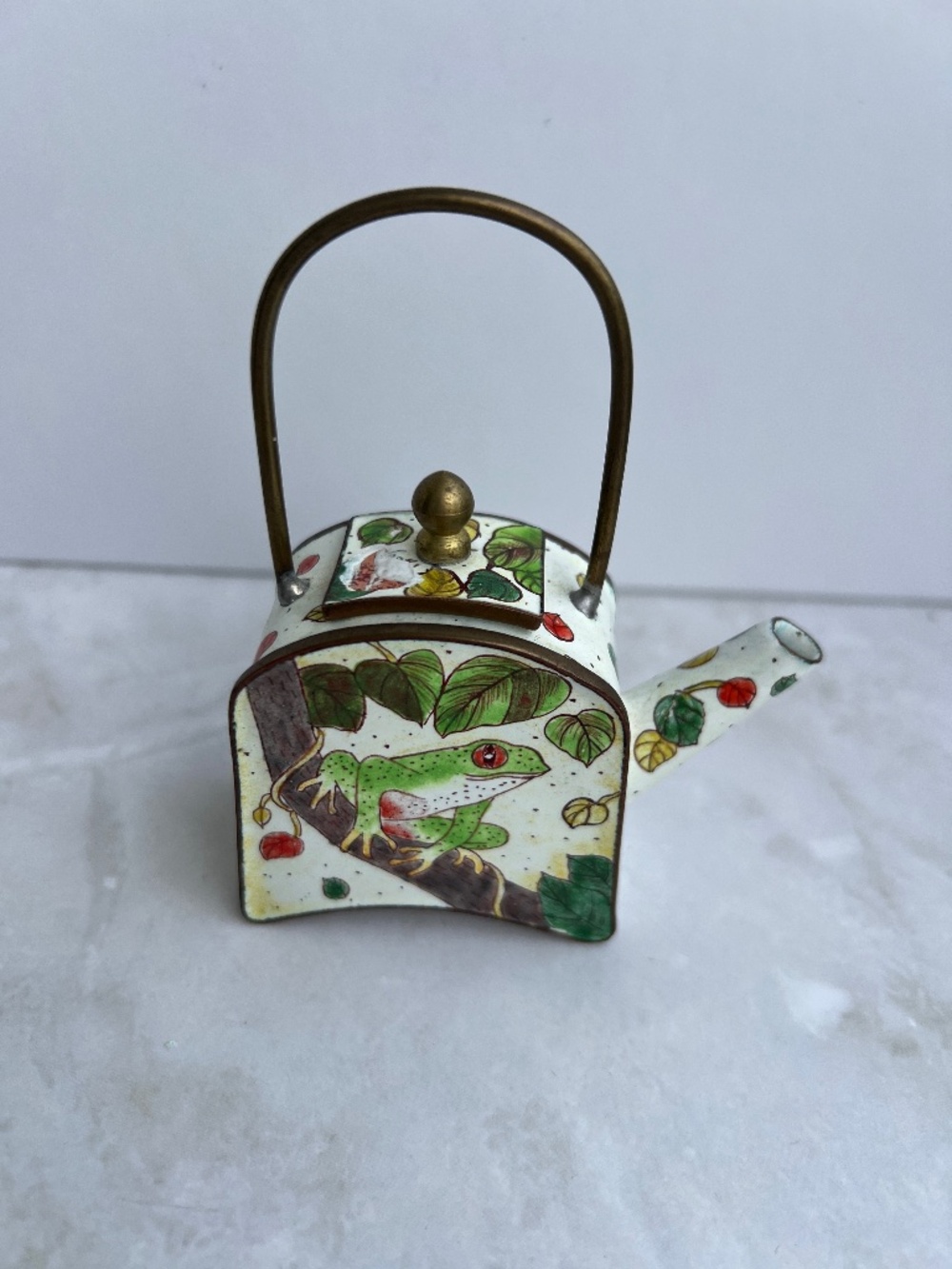 Empress Arts Miniature Enamel Teapot Tree Frog on Branch 2003, Hand Painted